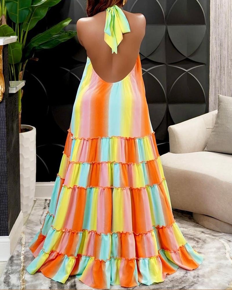 

Ombre Ruffle Hem Halter Backless Maxi Dress, Multicolor