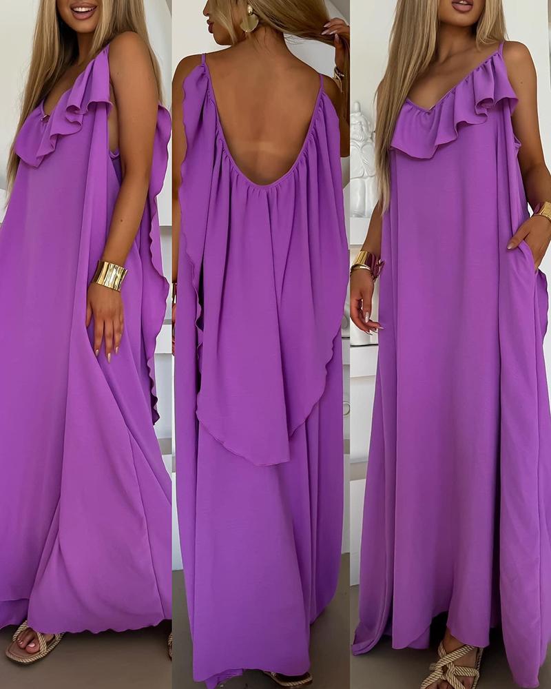 

Robe longue caraco dos nu avec poche et ourlet à volants, Purple