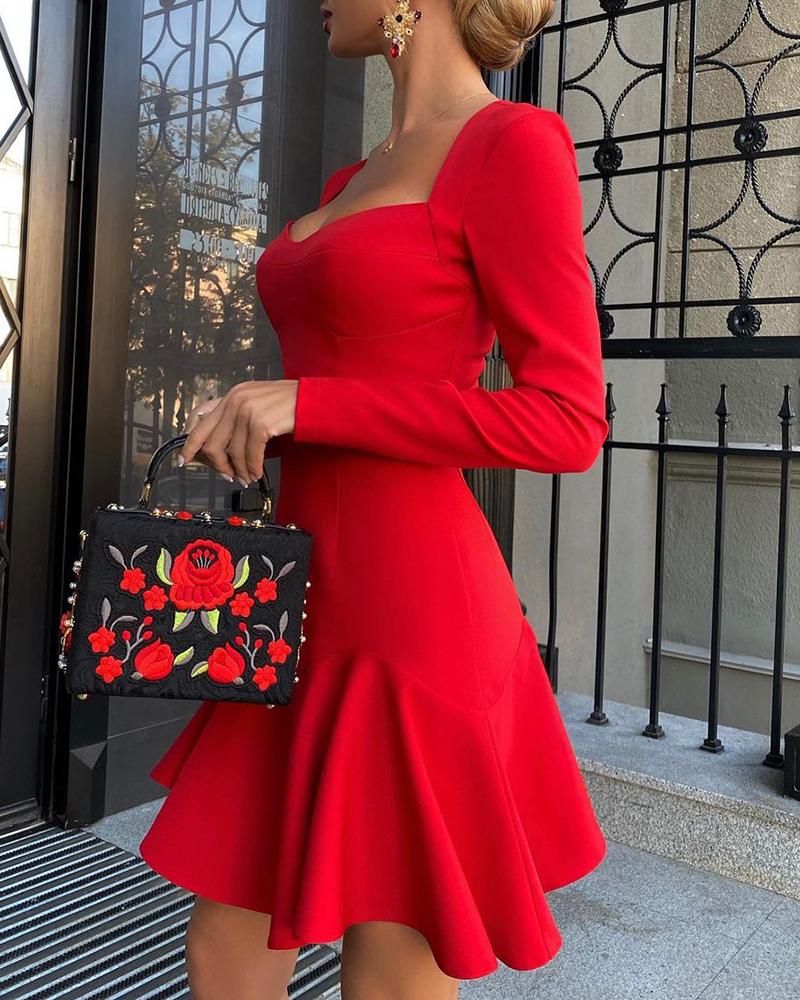 

Long Sleeve Asymmetrical Neck Ruffles Dress, Red