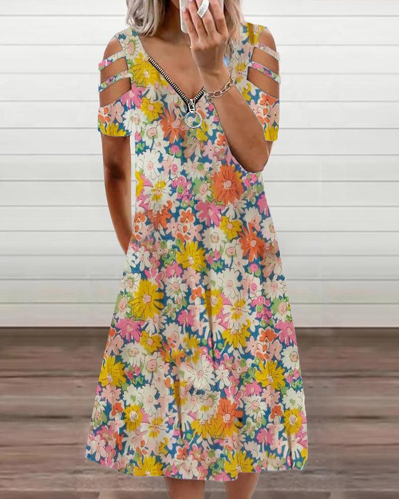 

Zipper Front Hollow-out Gradient Floral Print Dress, Multicolor