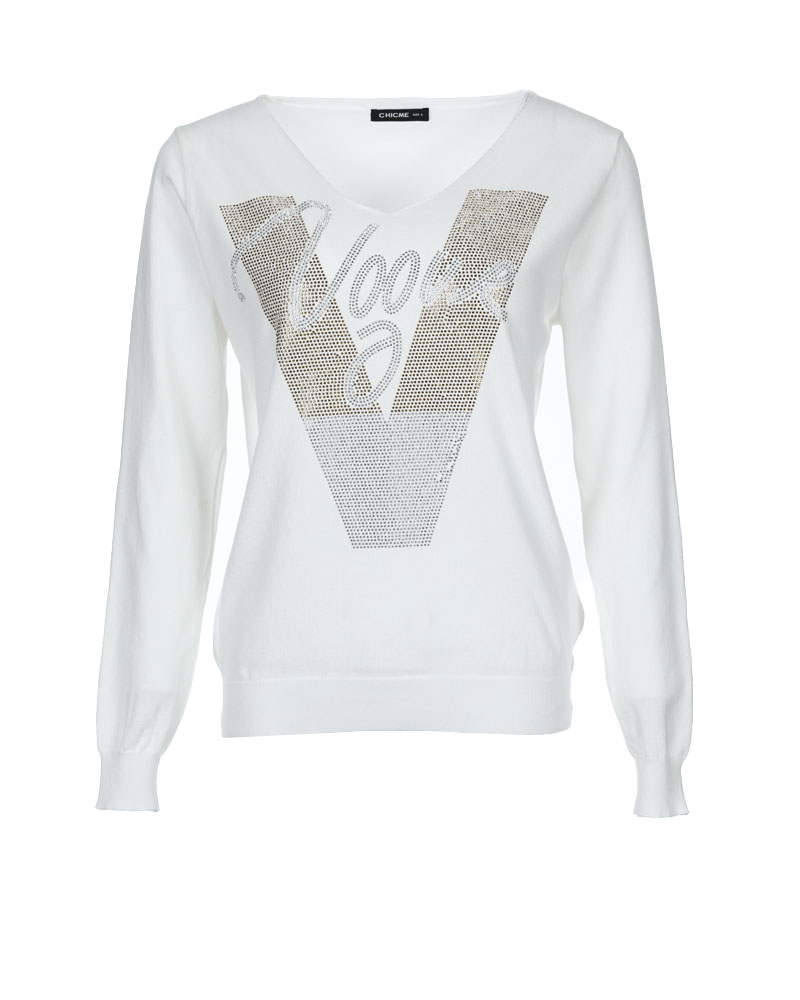 

Rhinestone Letter Pattern Long Sleeve Sweater, White