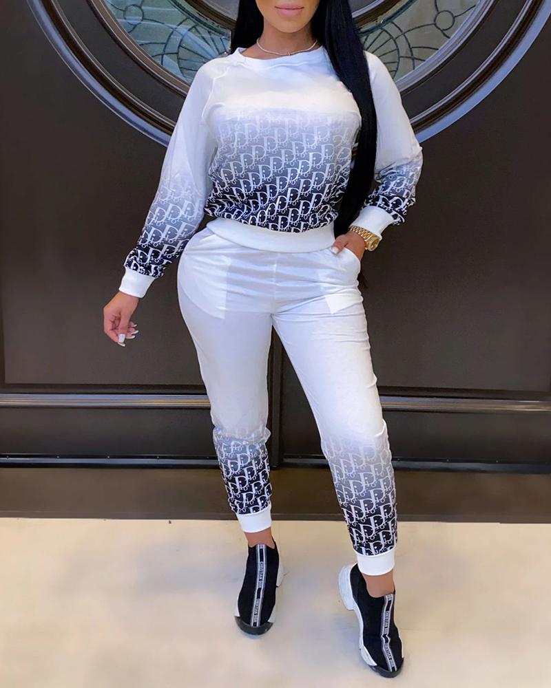 

Digital Print Long Sleeve Top & Pocket Design Pants Set, Dark blue
