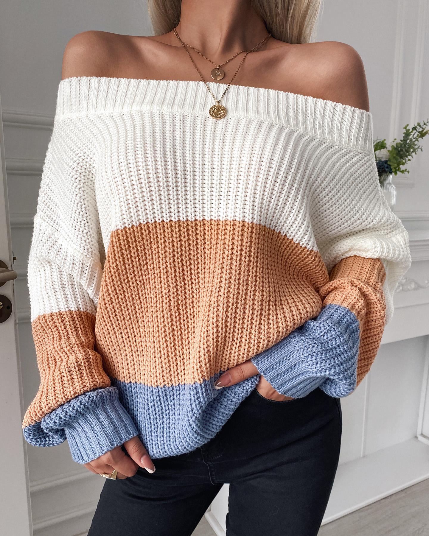 

Colorblock Off Shoulder Chunky Knit Sweater, Multicolor