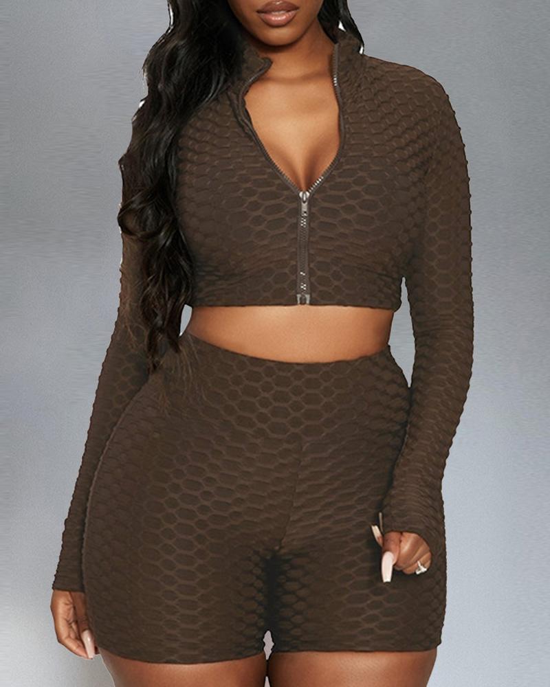 

Solid Long Sleeve Cropped Tops With Shorts Suit Sets, Coffee