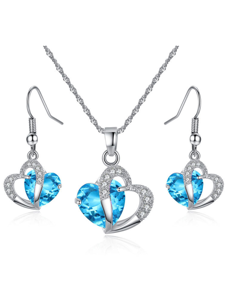 

2pcs Valentine's Day Elegant Double Heart Shaped Zircon Earrings & Necklace Gift Jewelry Set, Blue