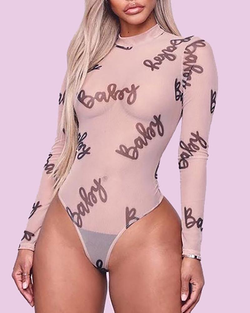 

Letter / Clover Print Sheer Mesh Bodysuit, Pink