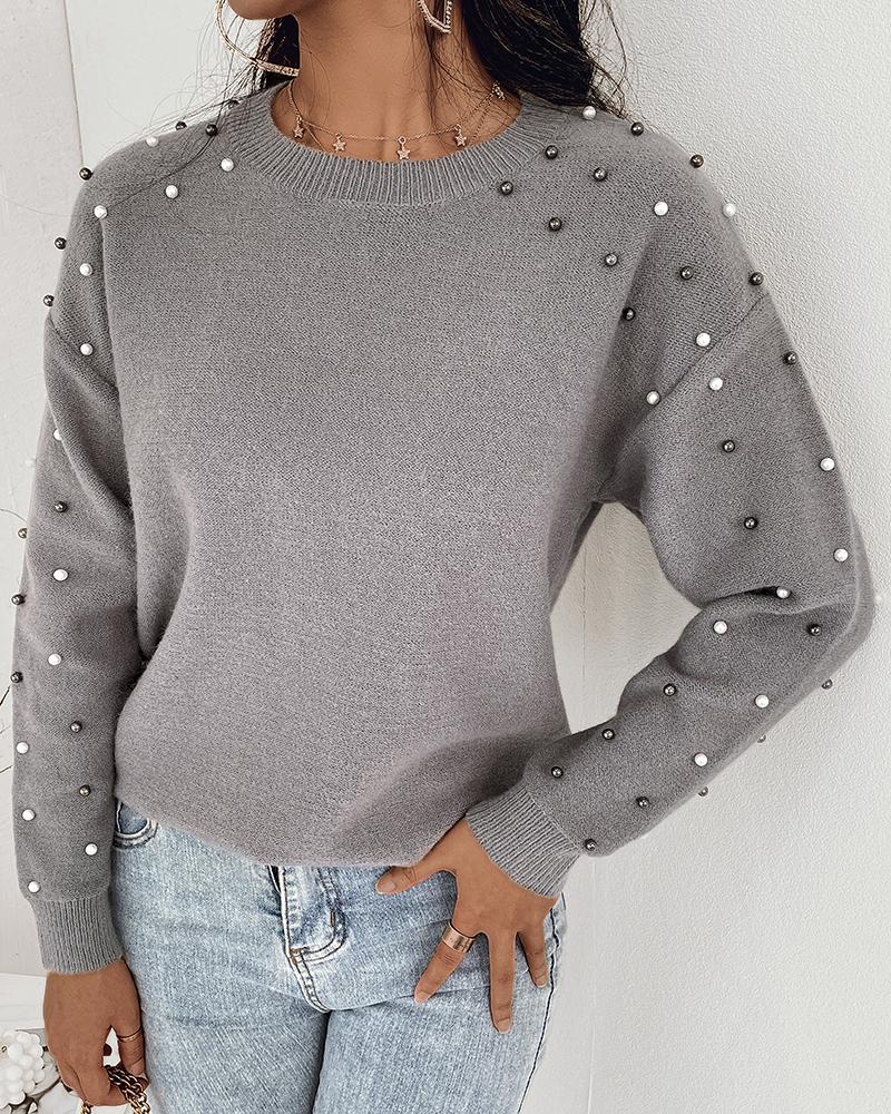 

O-neck Long Sleeve Beaded Knit Sweater, Gray