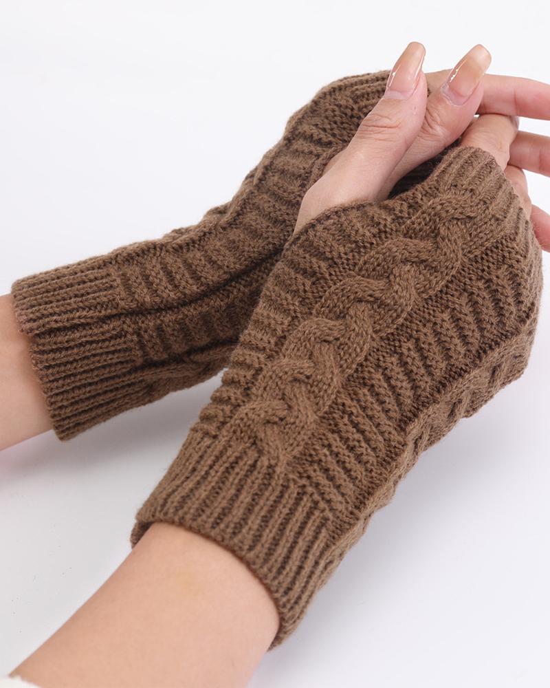 

1Pair Warm Cable Knit Fingerless Gloves, Khaki