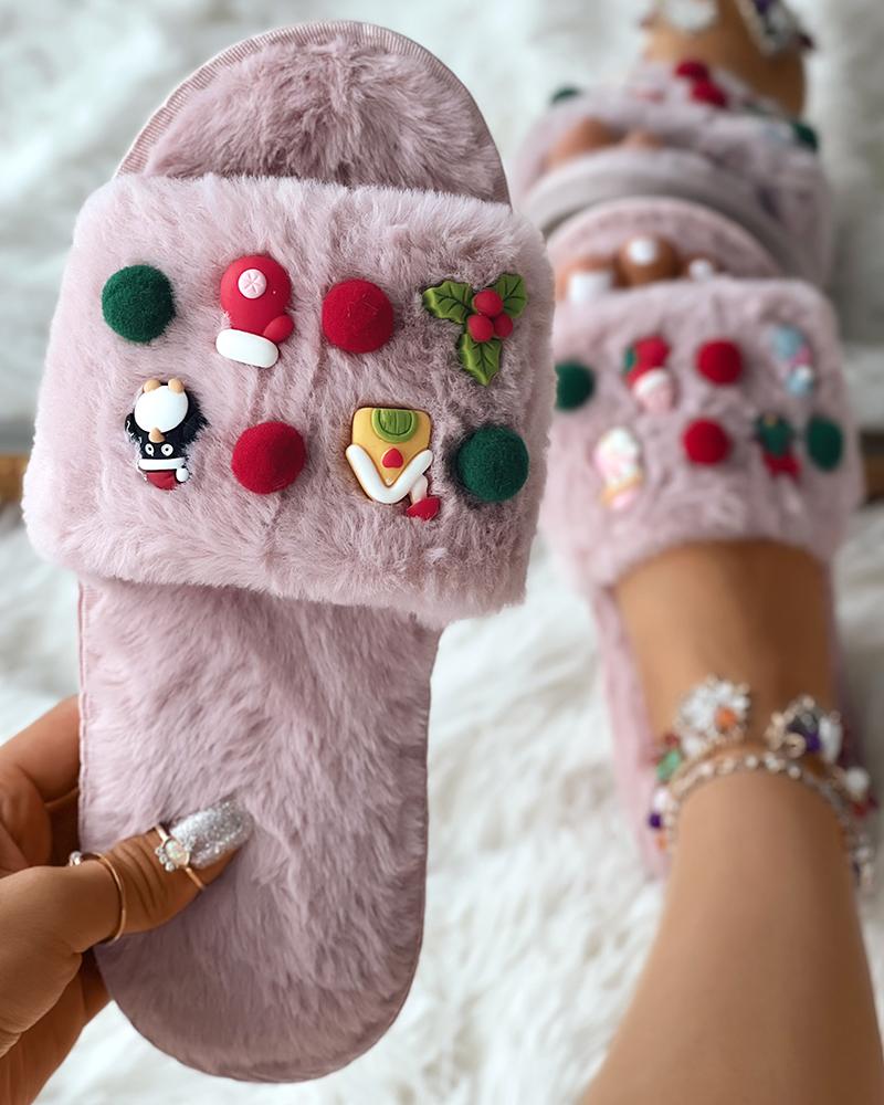 

Christmas Tree Snowman Cartoon Fuzzy Slippers, Pink