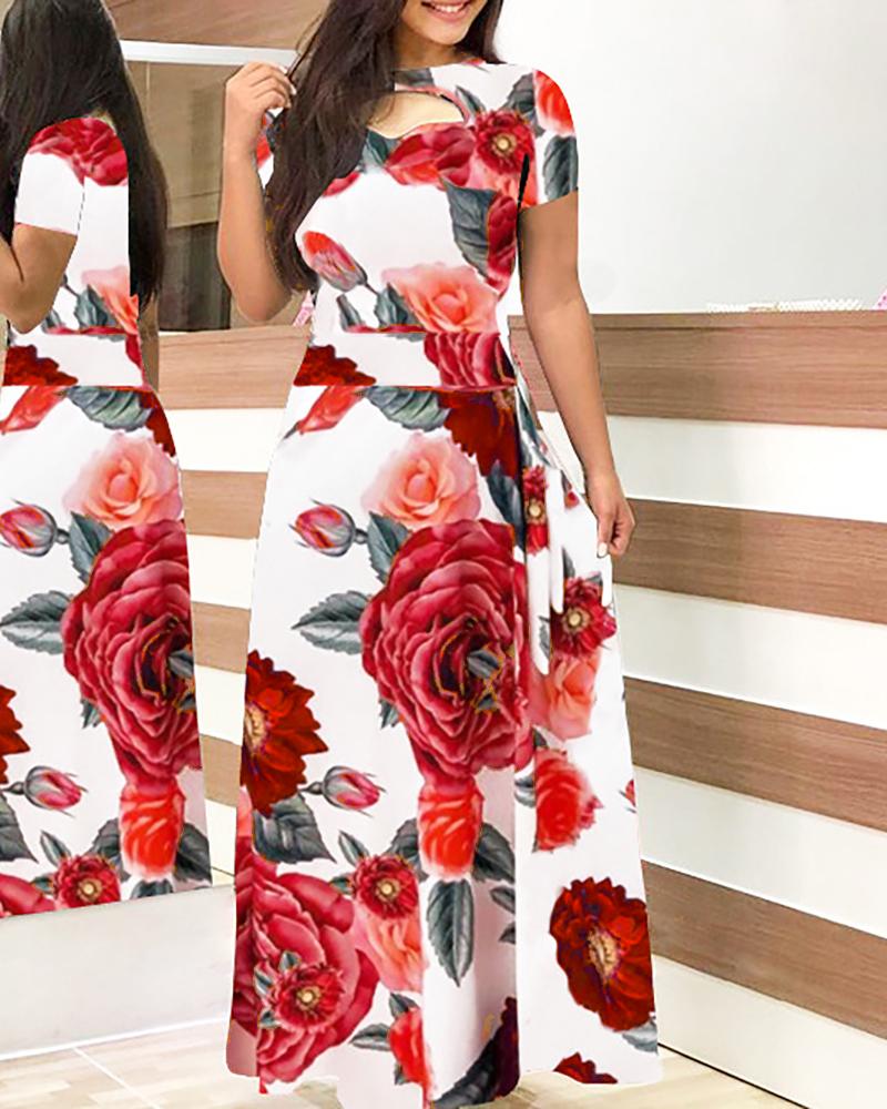 

Short Sleeve Cutout Print Maxi Women Dress, Red
