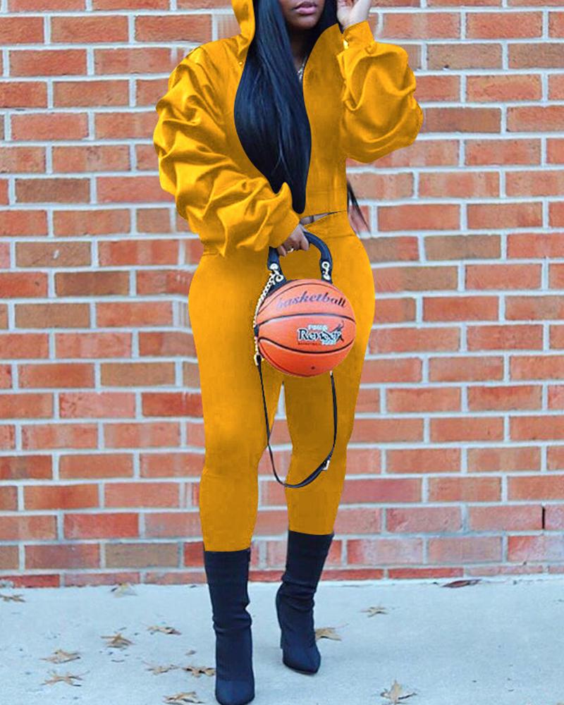 

Solid Bloomer Sleeve Loose Hoodies Sweatshirt With Skinny Pants Suit Set, Yellow
