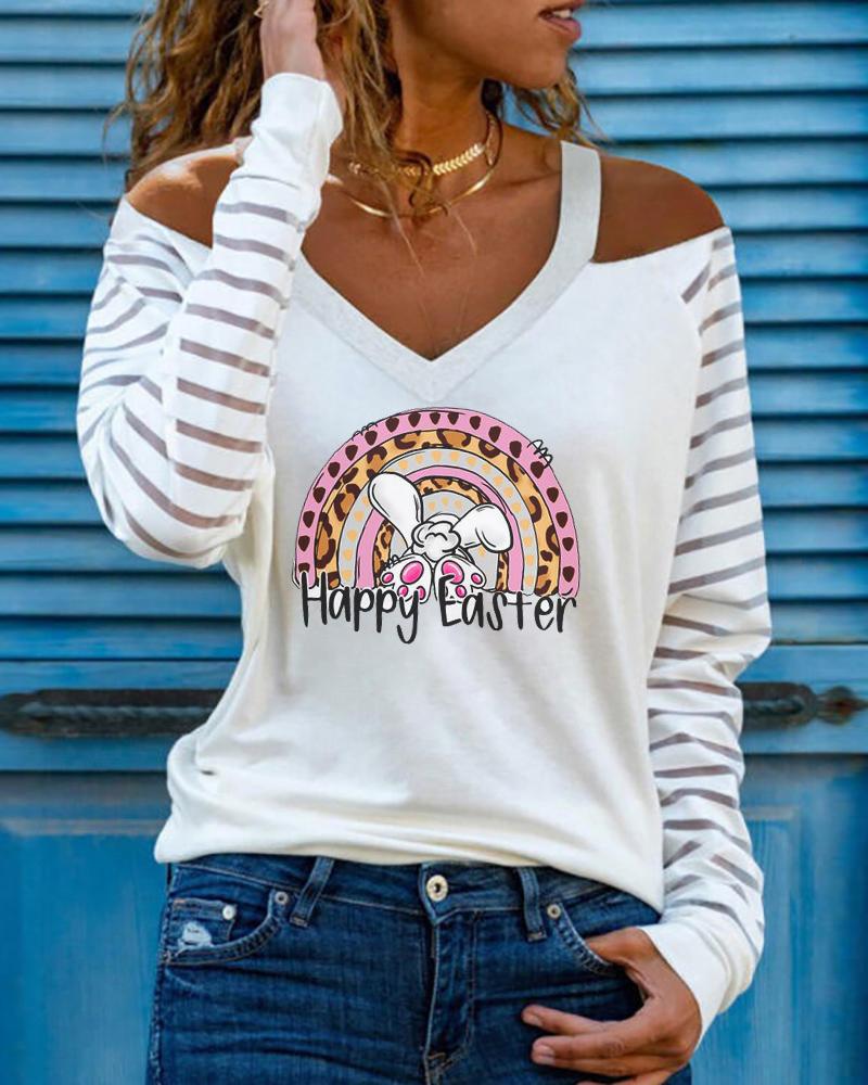 

Happy Easter Bunny Print Contrast Mesh Cold Shoulder Top, White