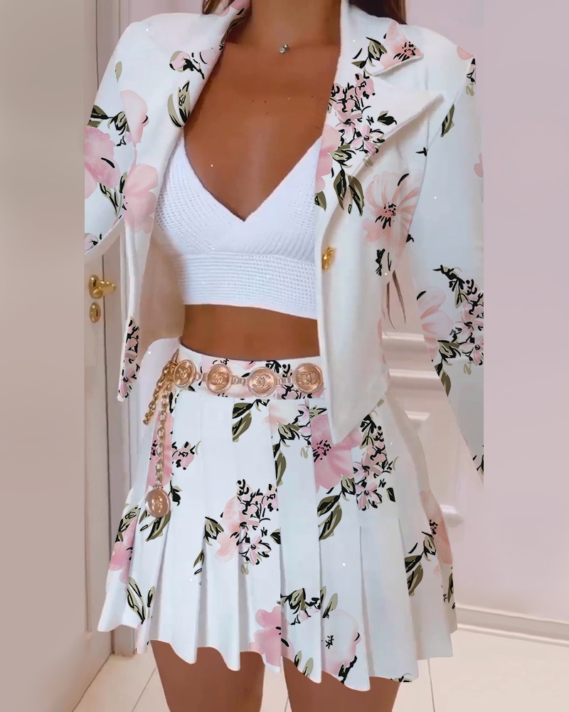 

Floral Print Blazer Coat & Pleated Skirt Set, White