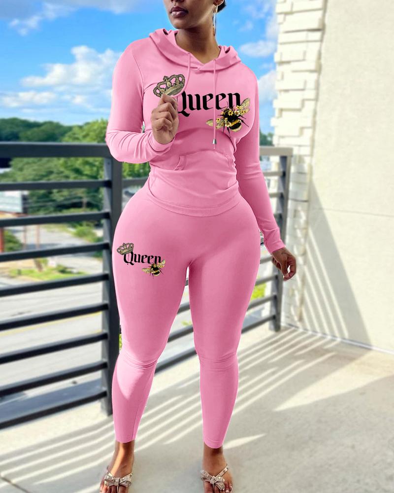 

Letter Bee Print Long Sleeve Hoodie & Pants Set, Pink