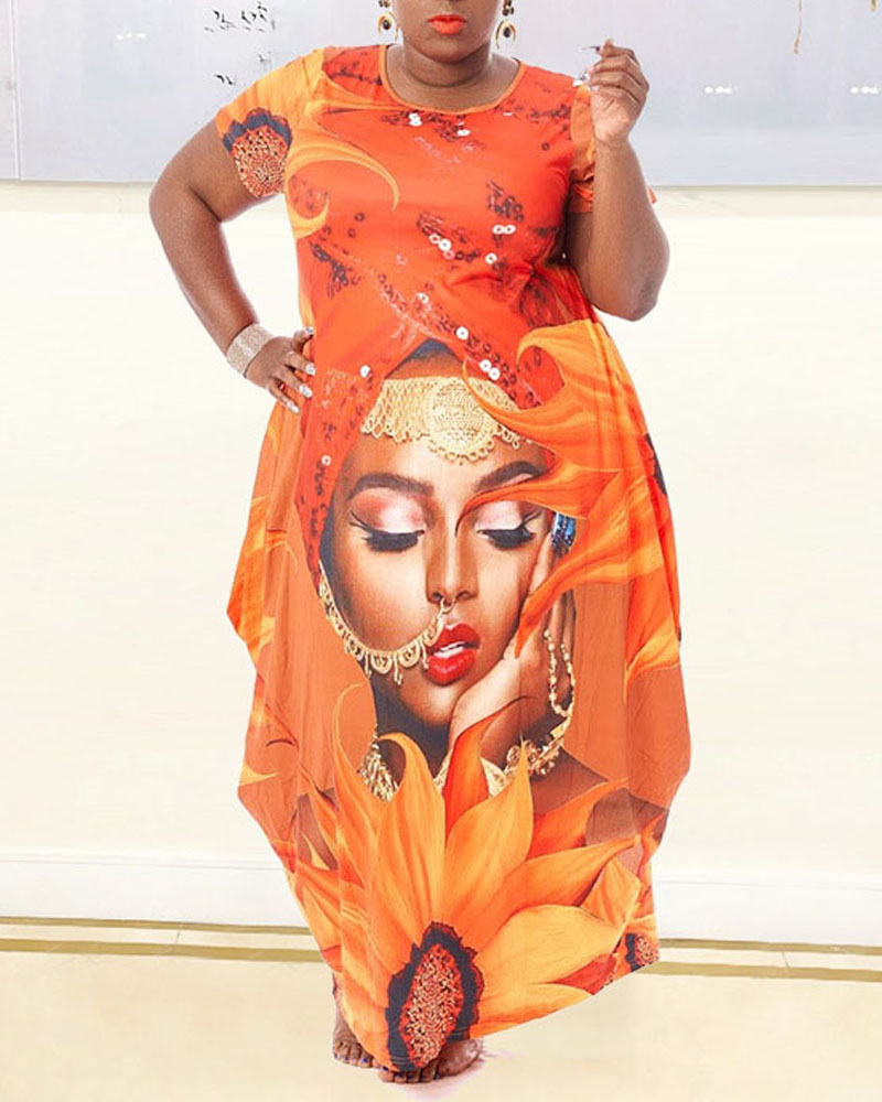 

Plus Size Figure Sunflower Print Asymmetrical Casual Dress, Orange