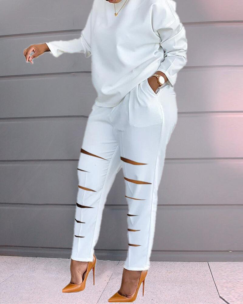 

Plus Size Long Sleeve Top & Ladder Cutout Pants Set, White