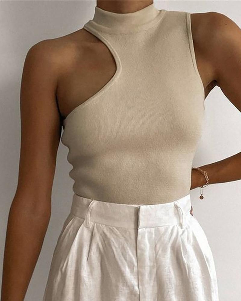 

Asymmetrical Sleeveless Mock Neck Top, Beige