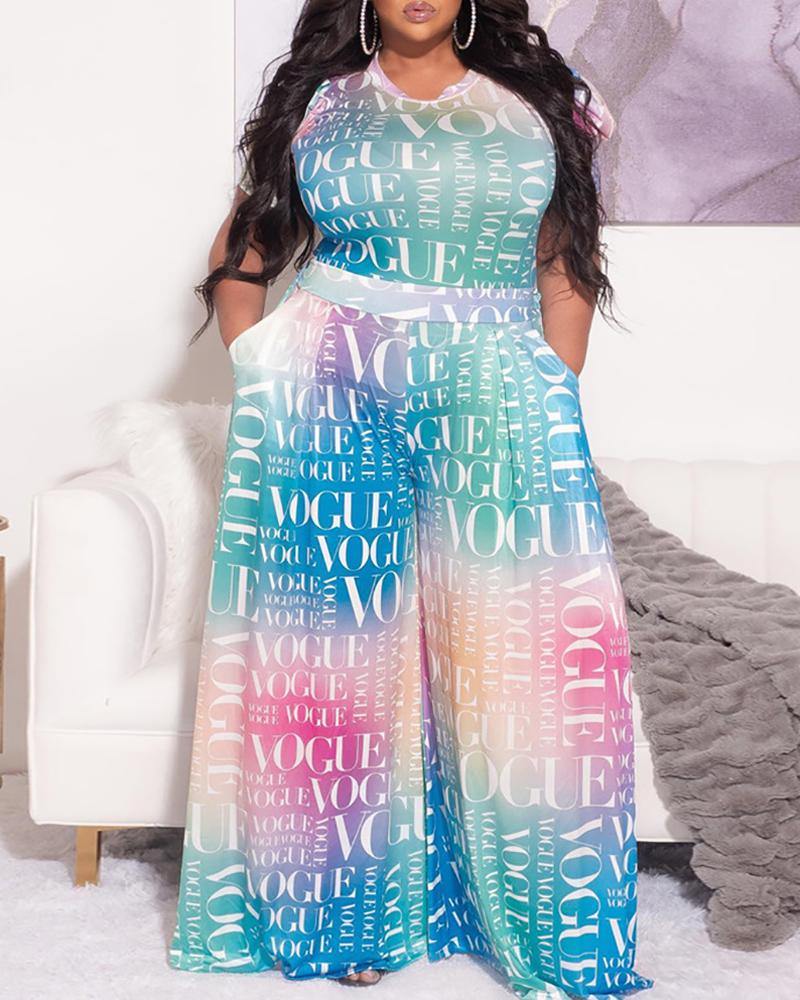 

Letter Tie Dye Print O-Neck Pocket Decor Jumpsuit, Style1