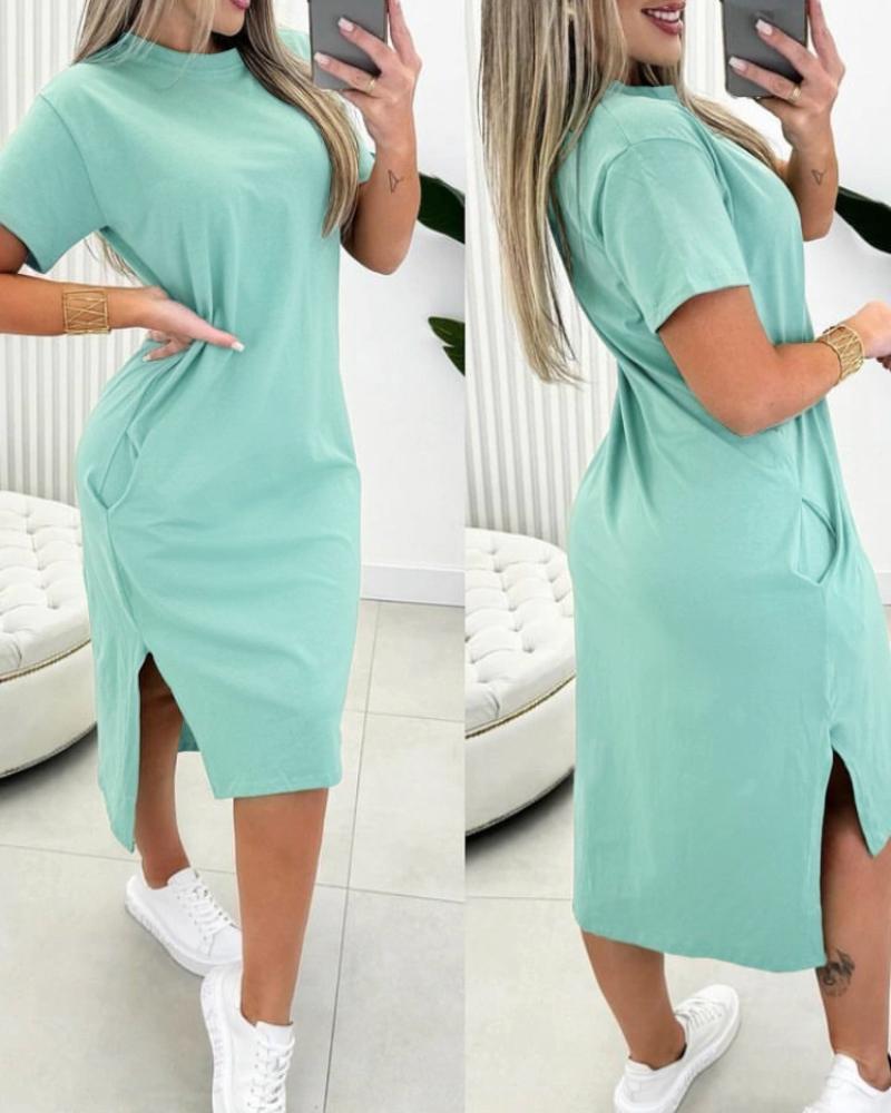 

Side Slit Pocket Design Asymmetrical Casual Dress, Light green