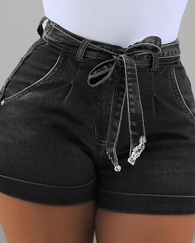 

Solid High Waist Denim Casual Shorts, Black