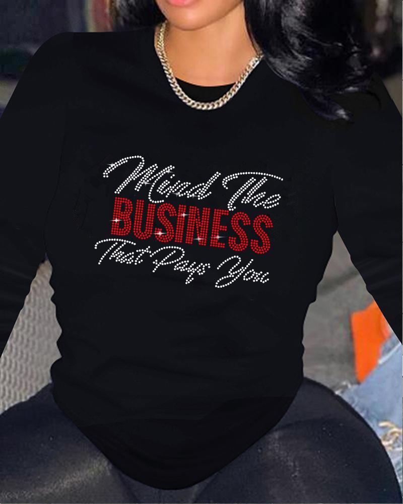 

Rhinestone Letter Pattern Long Sleeve Casual Top, Black