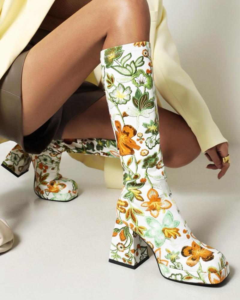 

Square Toe Floral Print Chunky Boots, Green