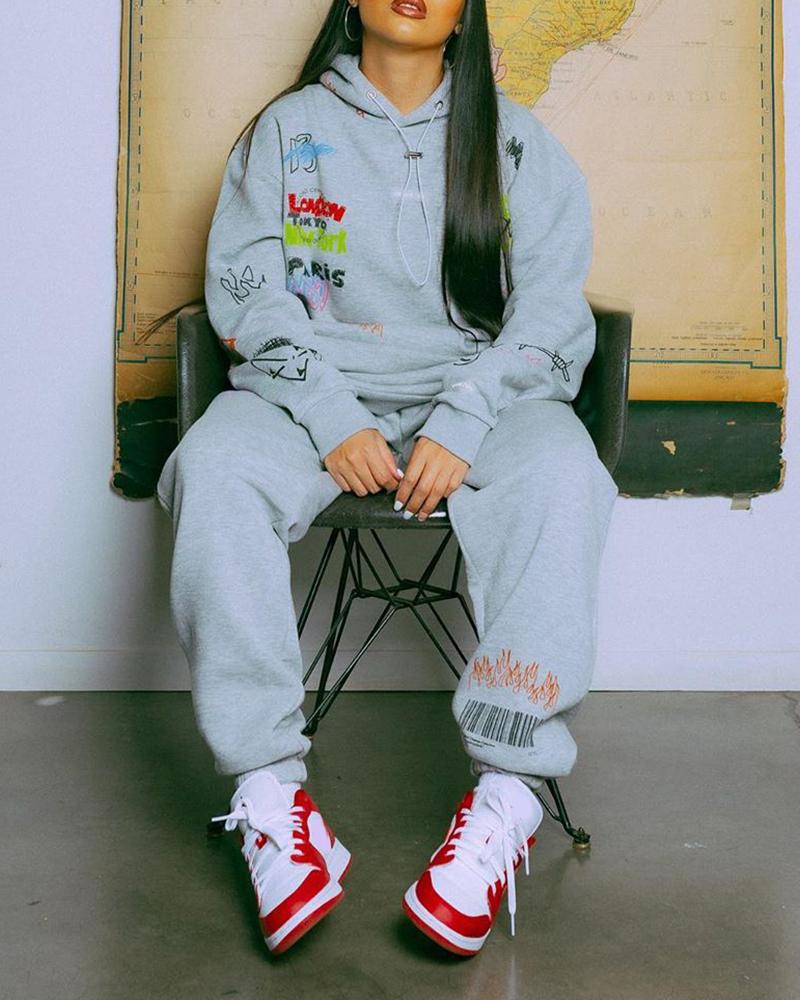 

Letter Print Hooded Top & Pants Set, Gray