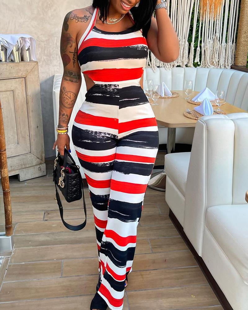 

Striped Colorblock Backless Wide Leg Jumpsuit, Multicolor