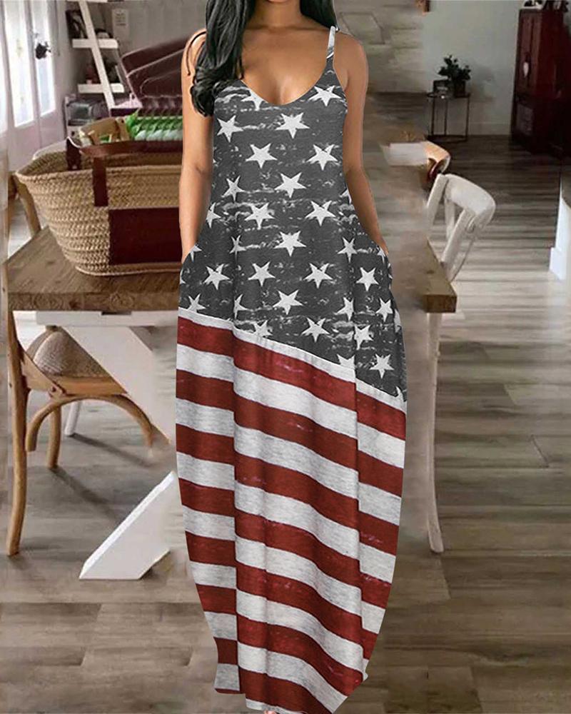 

Independence Day Spaghetti Strap Flag Print Maxi Dress, Multicolor
