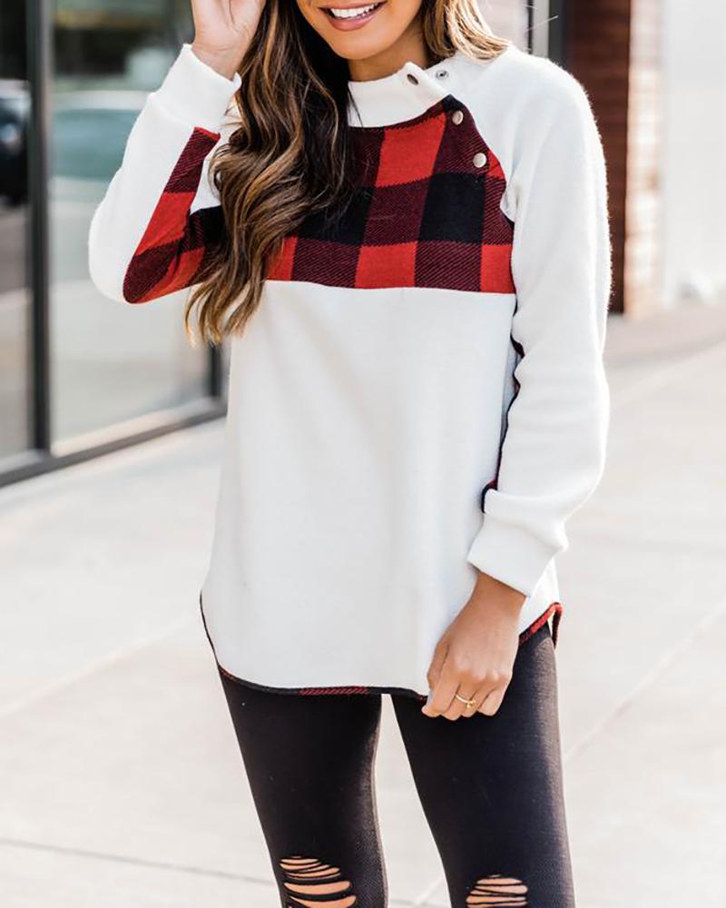 

Christmas Plaid Print O Neck Buttoned Top, White