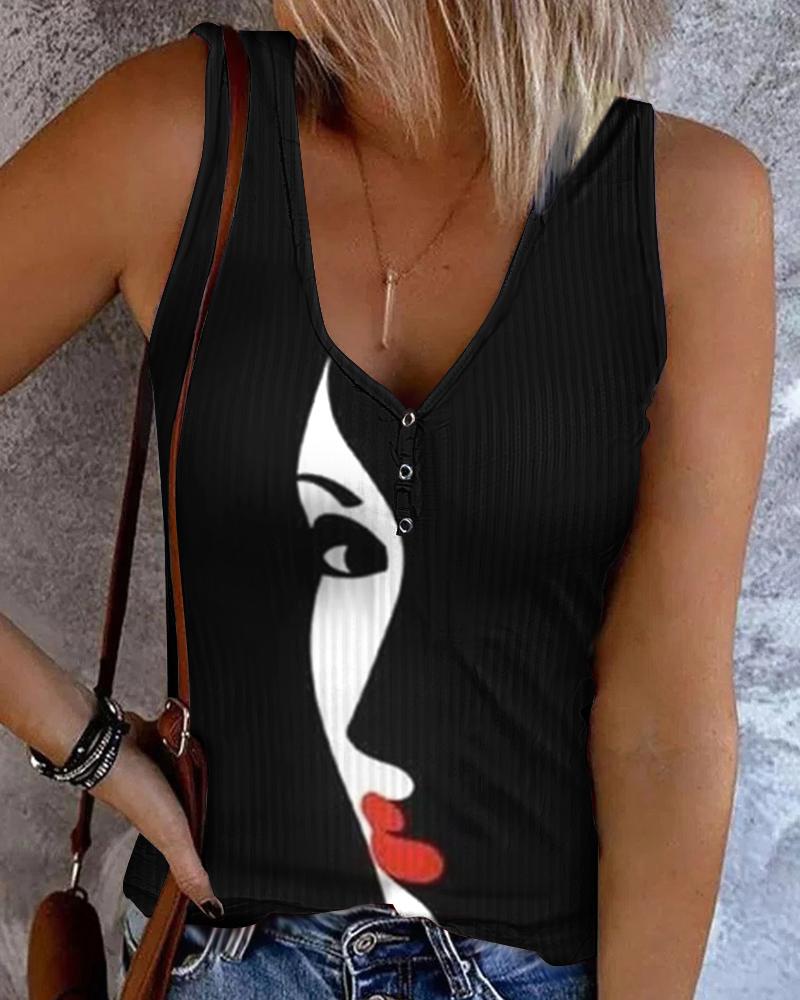 

Abstract Figure Print Button Front Tank Top, Black