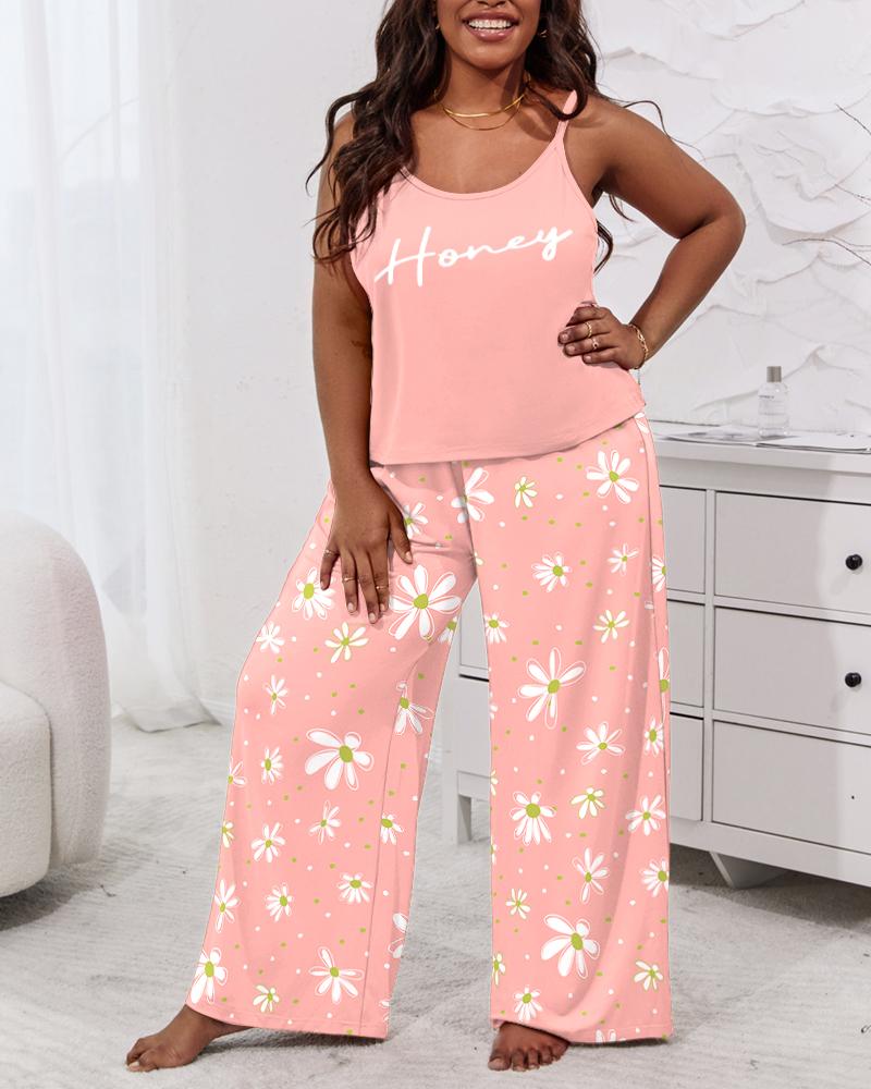 

Plus Size Honey Daisy Print Wide Leg Cami Set, Red