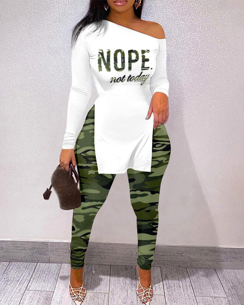 

Nope Not Today Camouflage Print Slit Top & Pants Set, Green