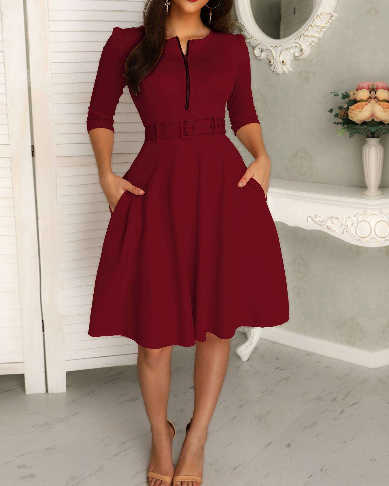 

Solid Zipper Up Belted Pleated Casual Dress, Wine red