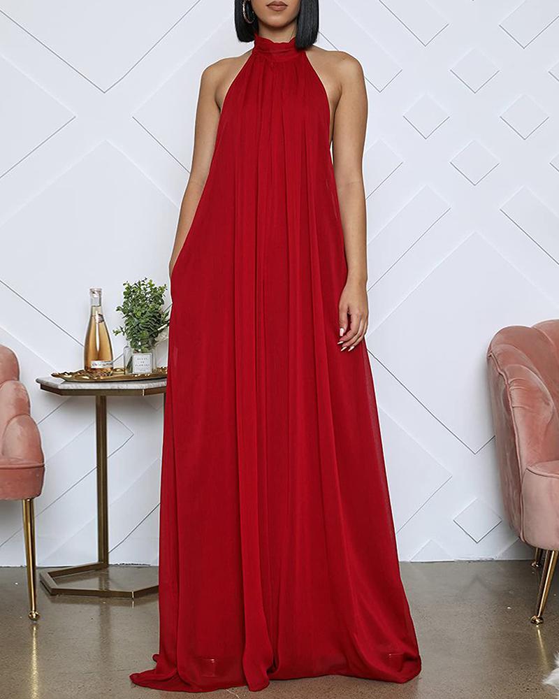 

Halter Backless Ruched Wide Leg Jumpsuit, Red