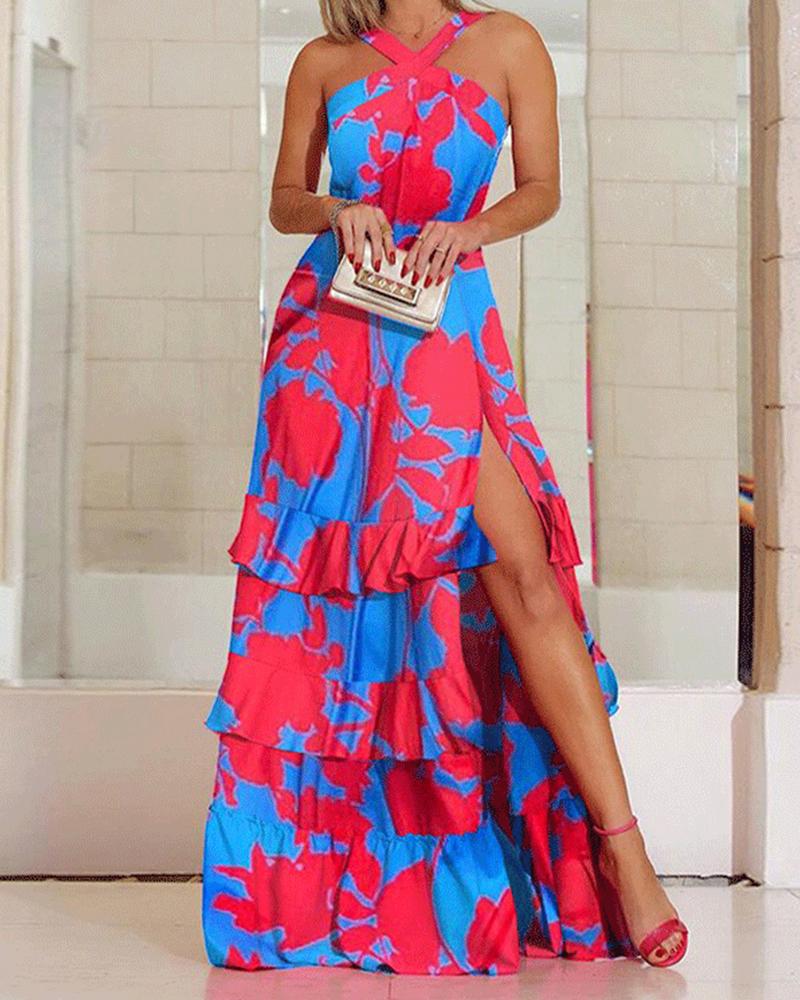 

Floral Print Ruffle Hem Split Thigh Halter Maxi Dress, Blue