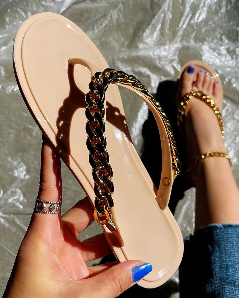

Chain Decor Round Toe Flip Flops, Apricot