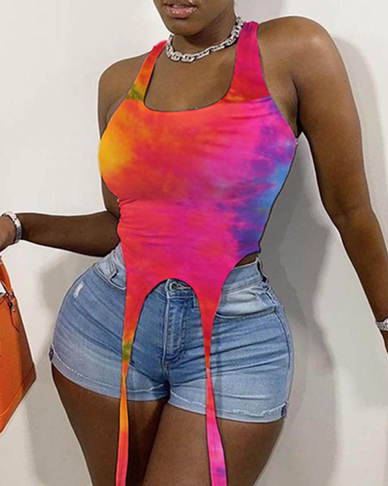 

Tie Dye Print Asymmetrical Crop Tank Top, Multicolor