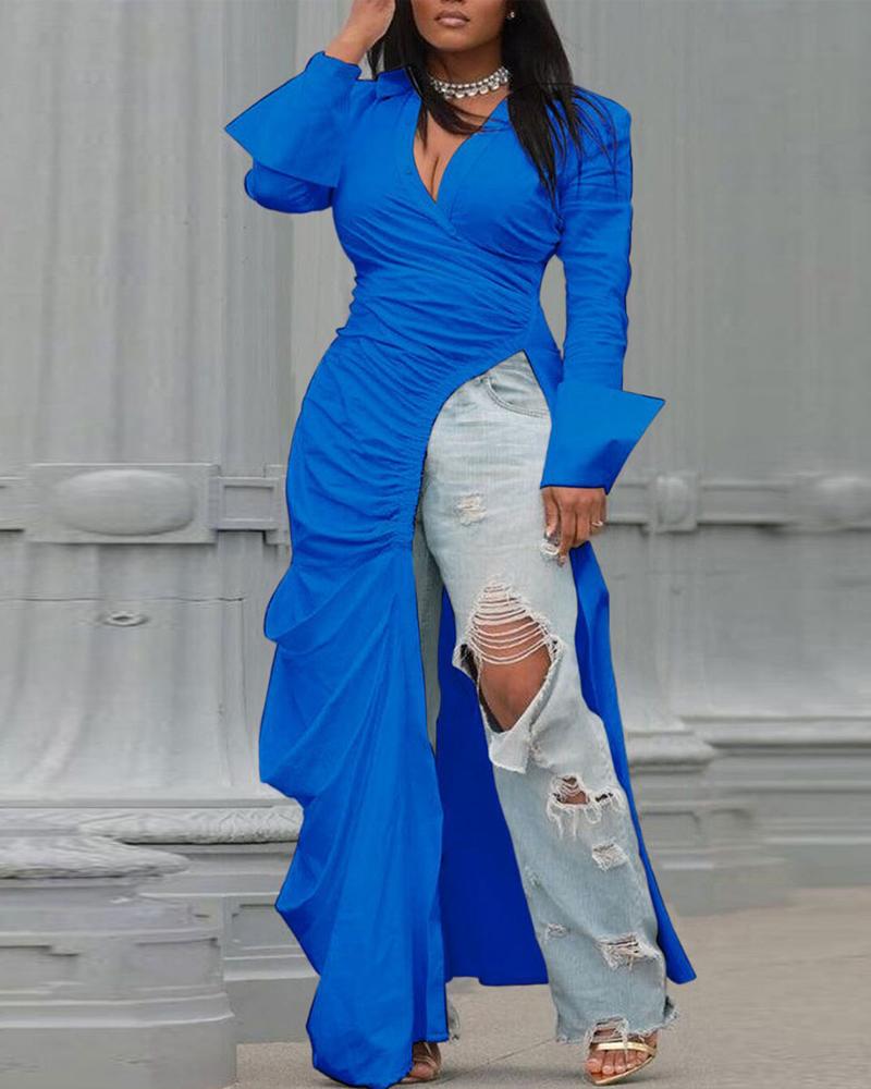 

Plus Size Ruched High Slit Longline Top, Blue