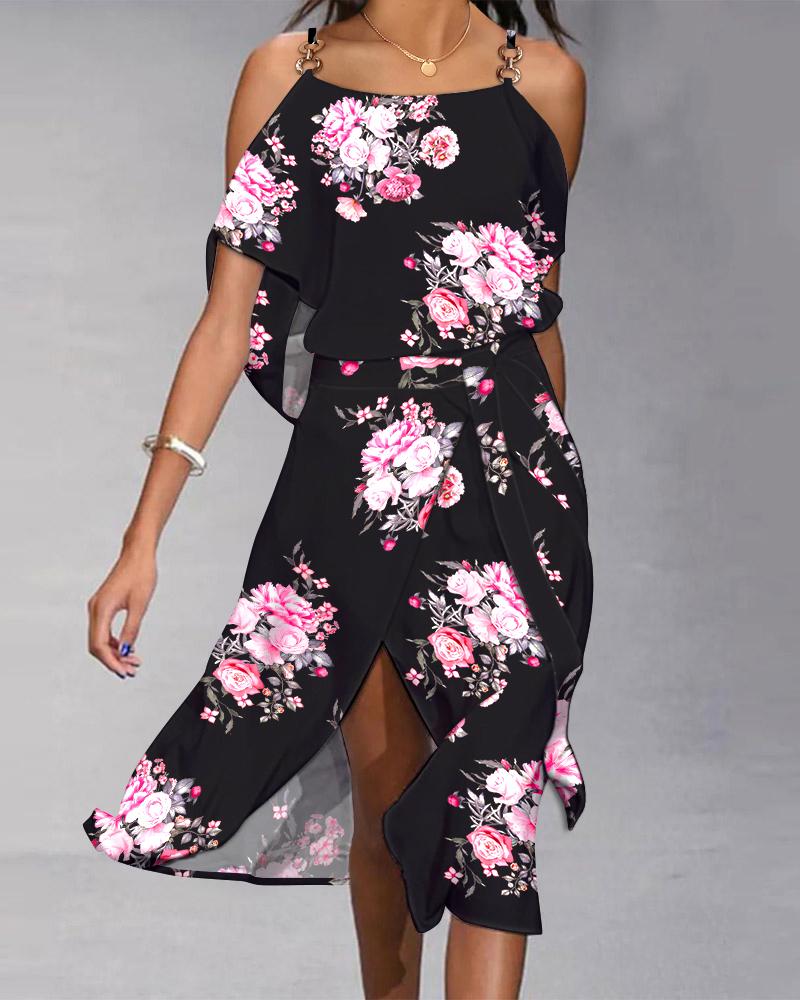 

Chain Decor Cold Shoulder Slit Floral Print Dress, Black