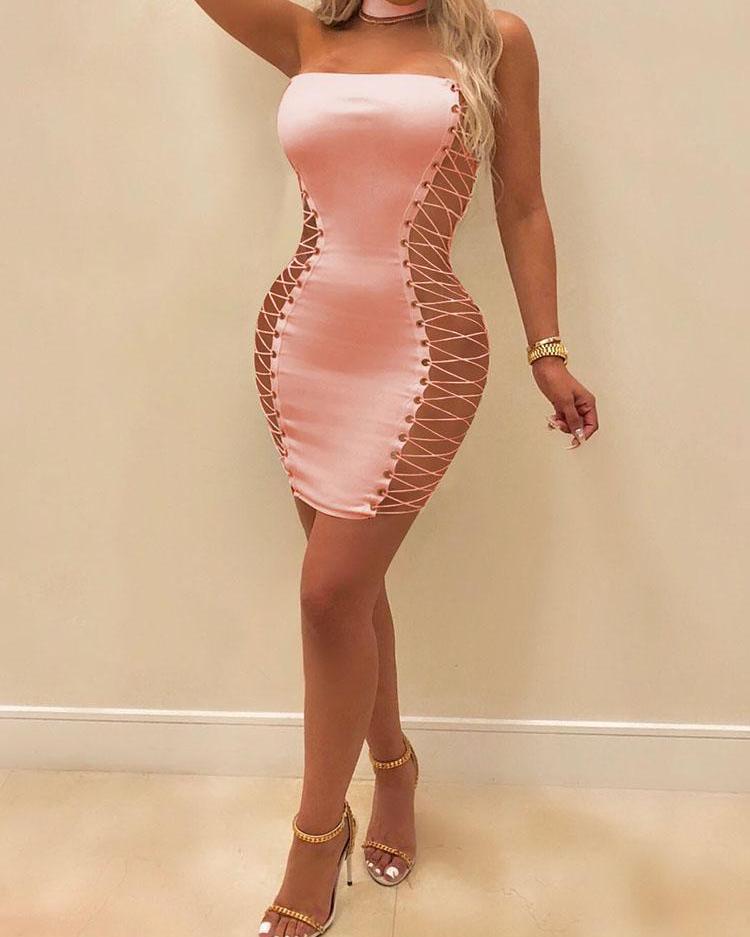 

Eyelet Lace-up Choker Strapless Mini Dress, Pink