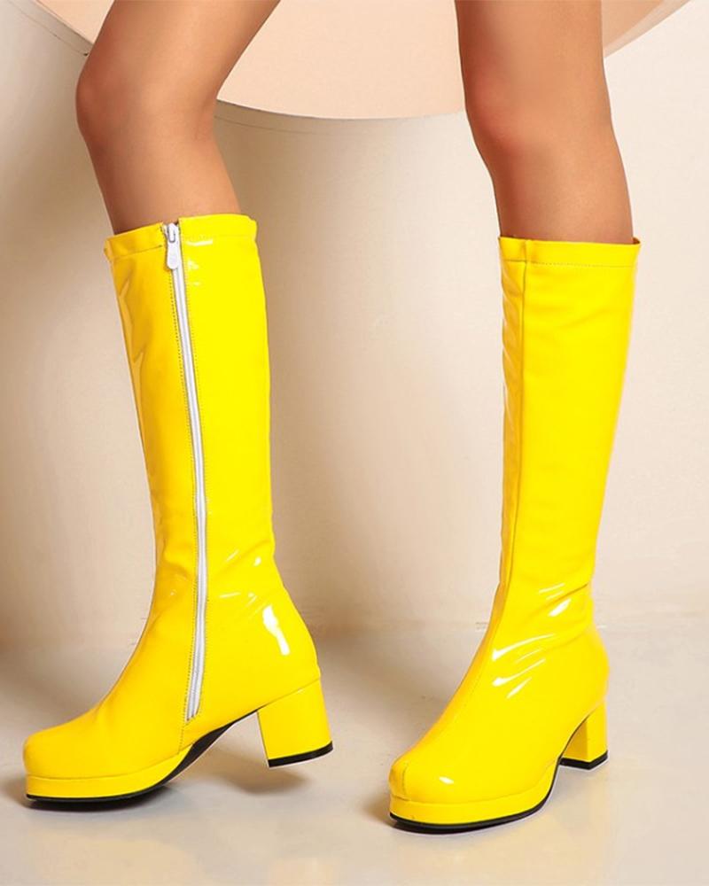 

Square Toe Side Zipper Chunky Boots, Yellow