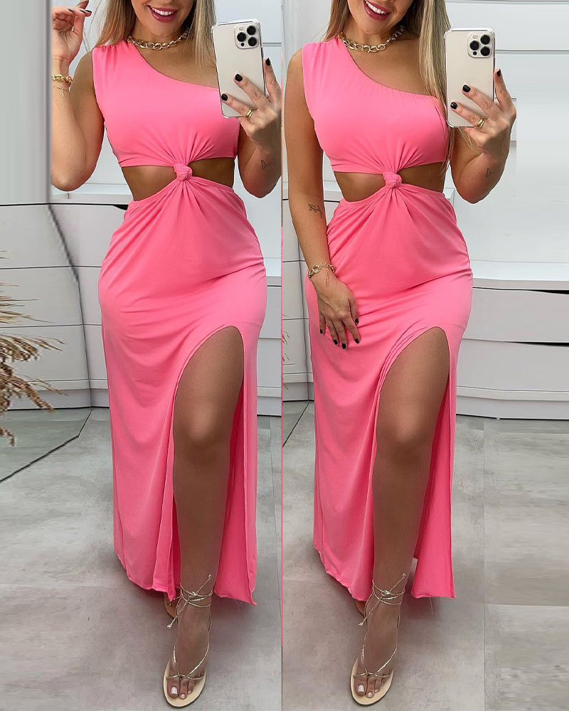 

One Shoulder Knotted Front Cutout High Slit Maxi Dress, Pink