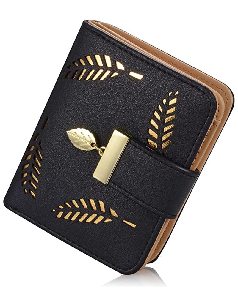 

Women's Purse Hollow Out Leaf Pattern Card Holder Leather Wallet, Black