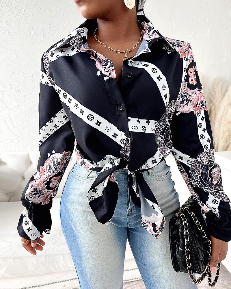 

Baroque Print Bell Sleeve Buttoned Shirt, Black