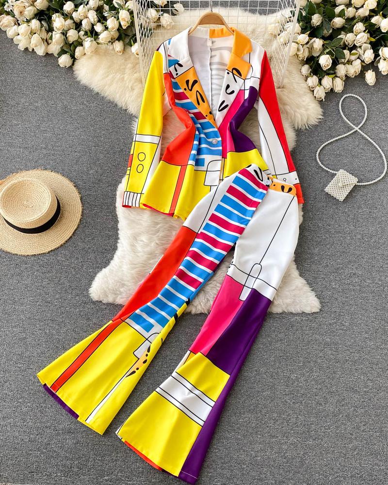 

Colorblock Vintage Blazer Coat & Flared Pants Set, Yellow