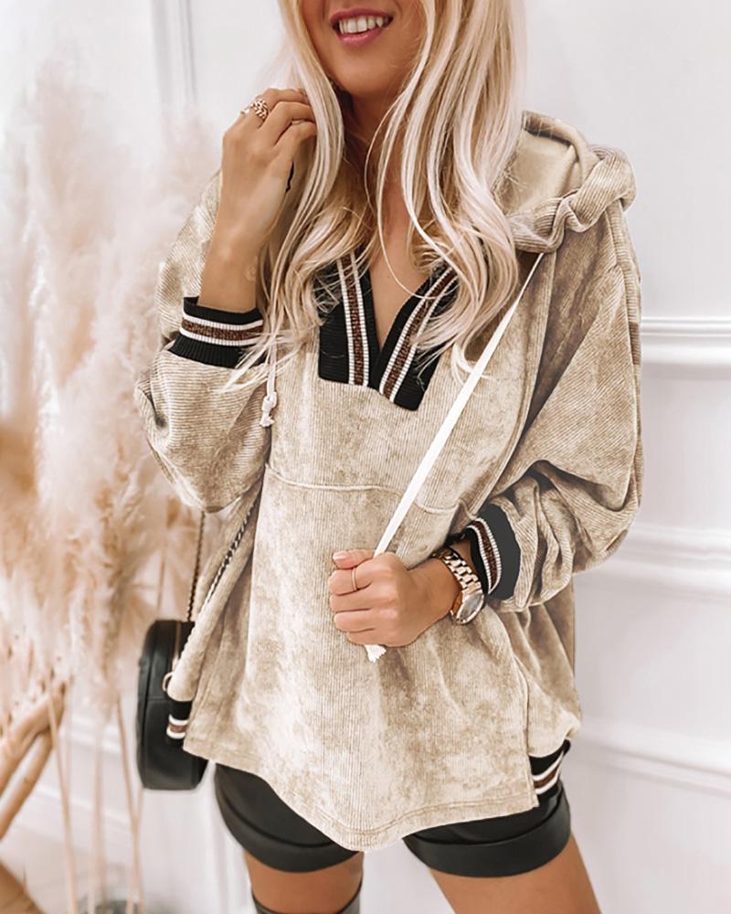 

Striped Print Drawstring Corduroy Hooded Top, Apricot