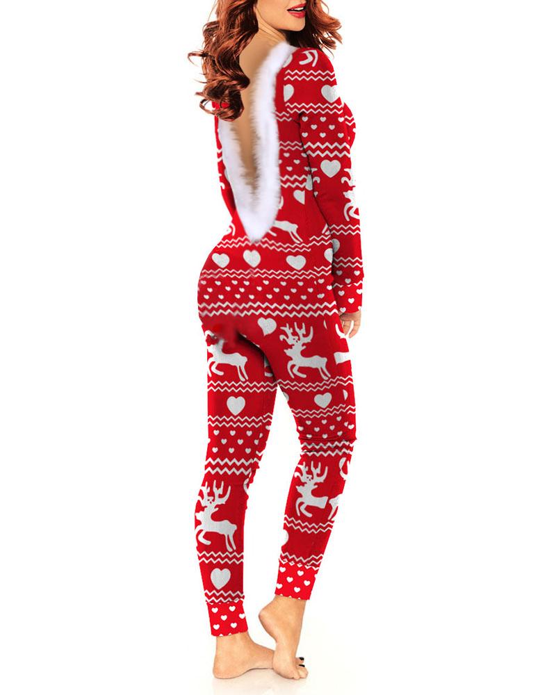 

Christmas Backless Heart Deer Print Lounge Jumpsuit, Red