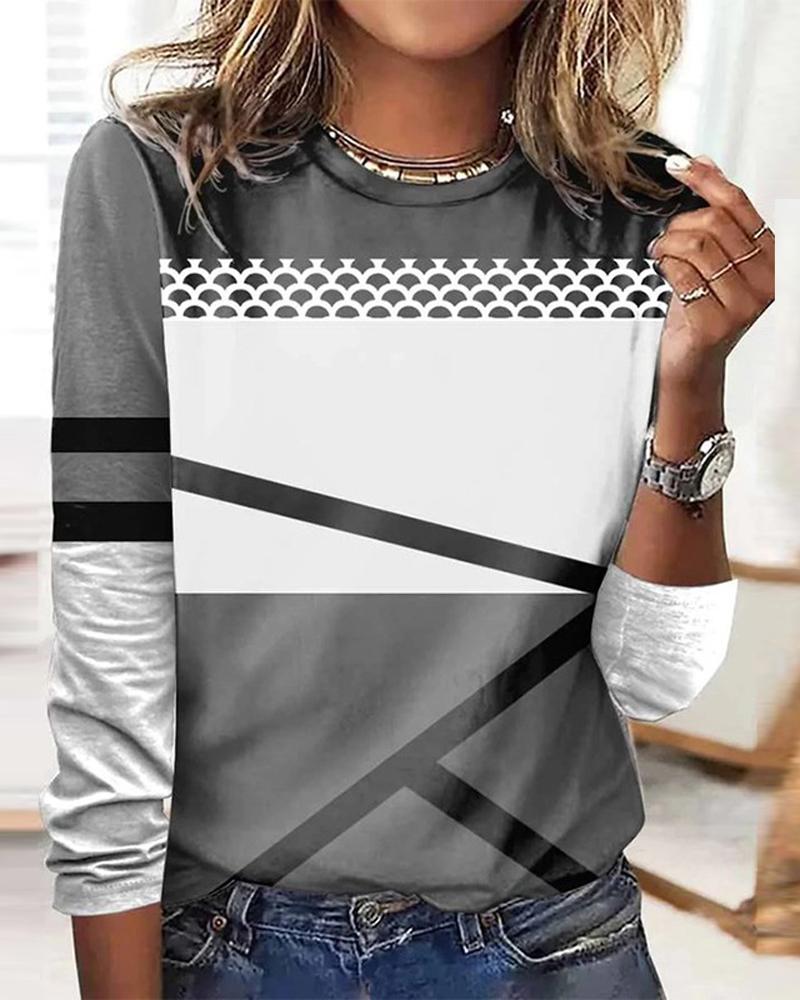 

Geometric Print Long Sleeve Top, Gray