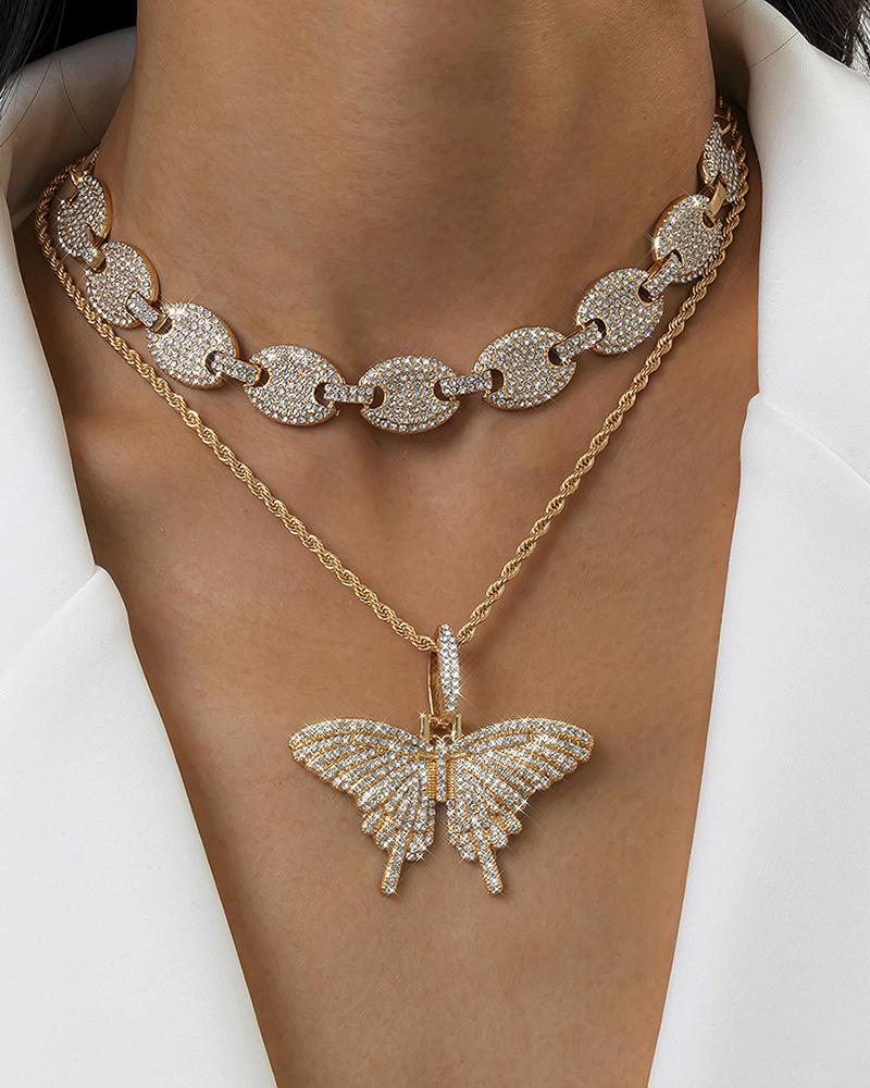 

2PCS Butterfly Pendant Layered Studded Decor Chain Necklace, Gold